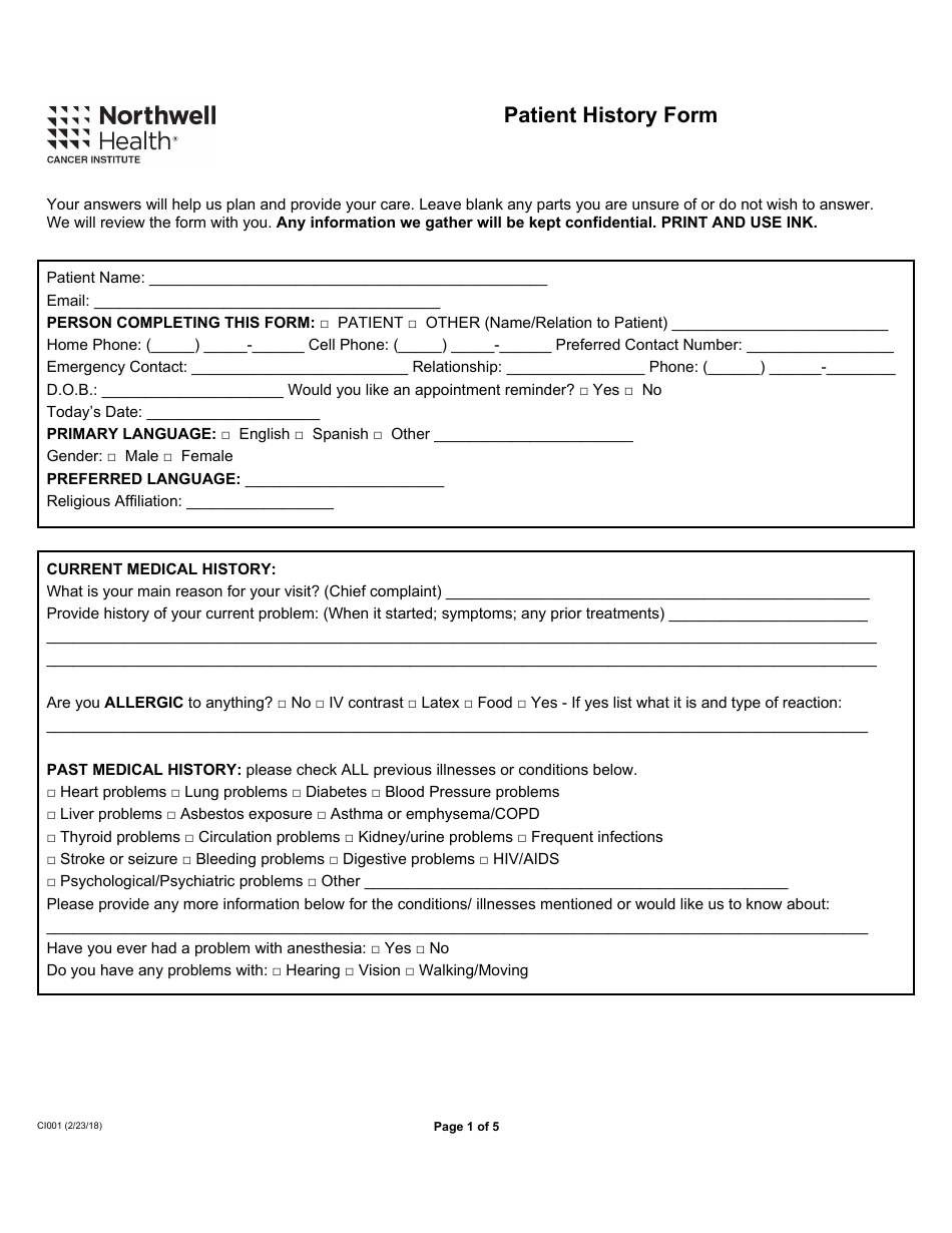 Cancer Patient History Form, Page 1