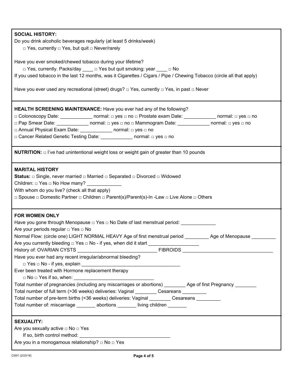 Cancer Patient History Form, Page 4