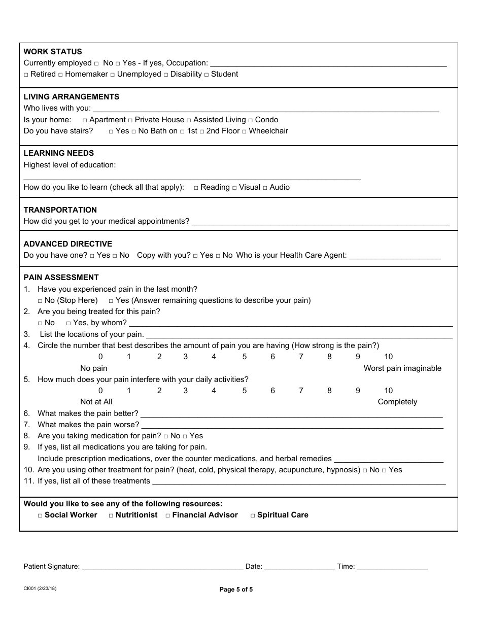 Cancer Patient History Form, Page 5