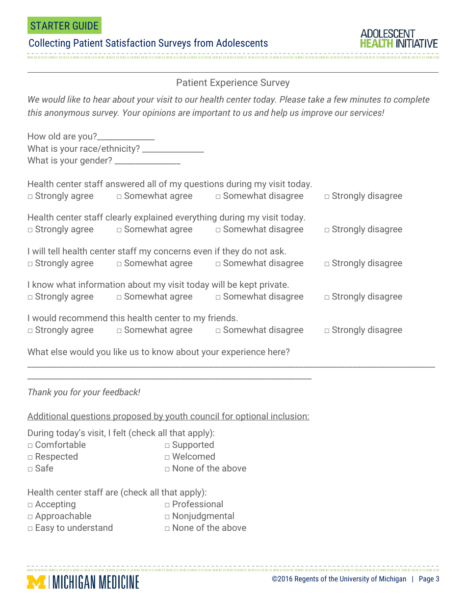 Patient Satisfaction Survey - Regents of the University of Michigan, Page 3