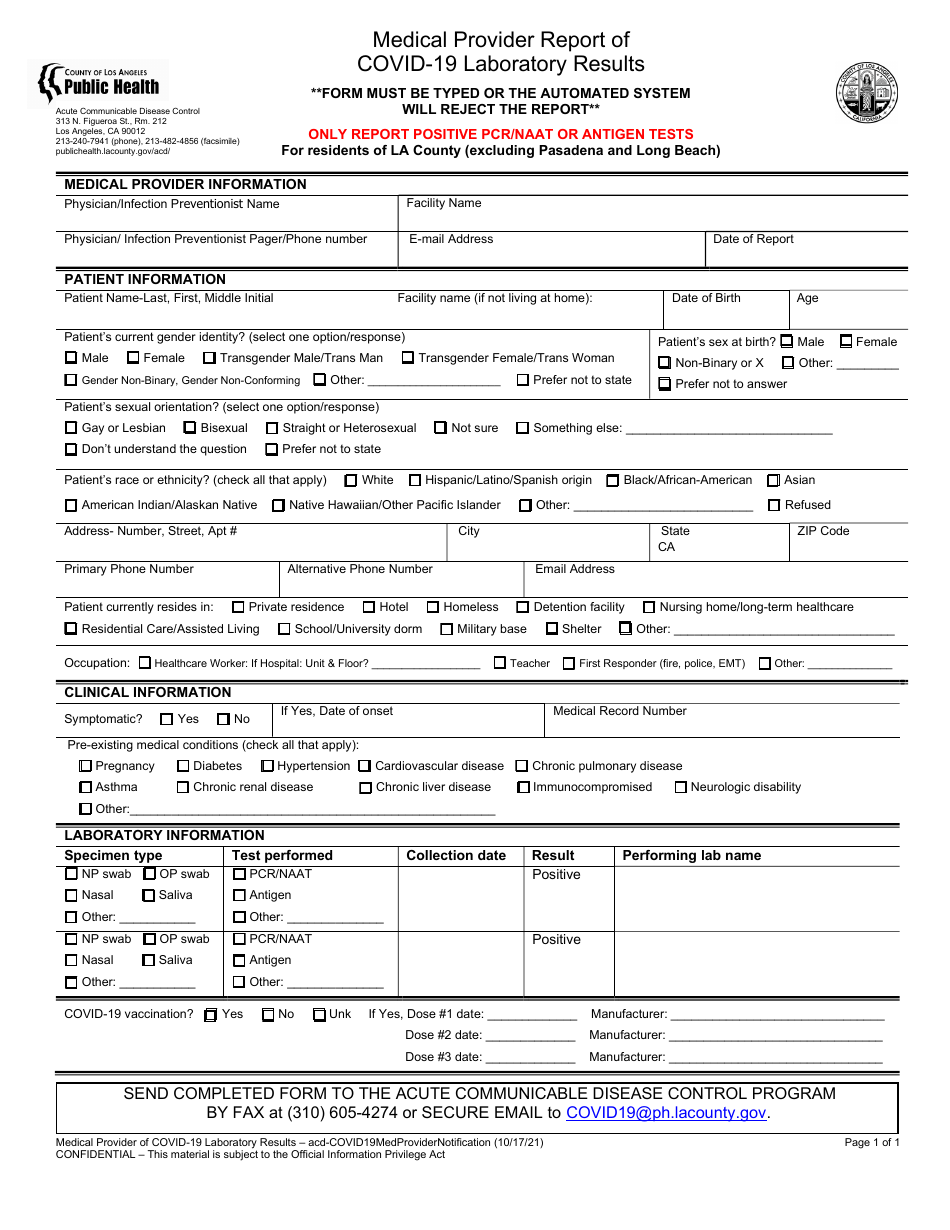 County of Los Angeles, California Medical Provider Report of Covid-19 ...