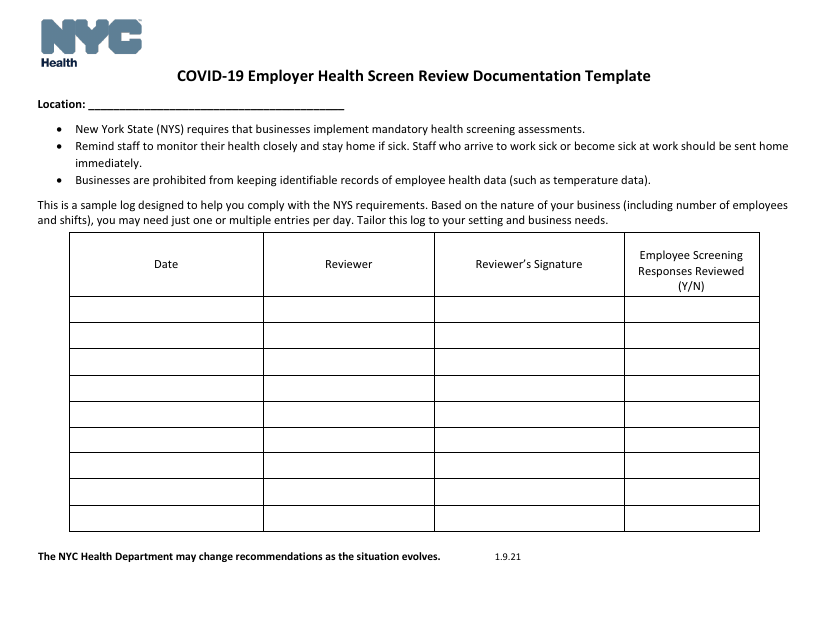 Covid-19 Employer Health Screen Review Documentation Template - New York City