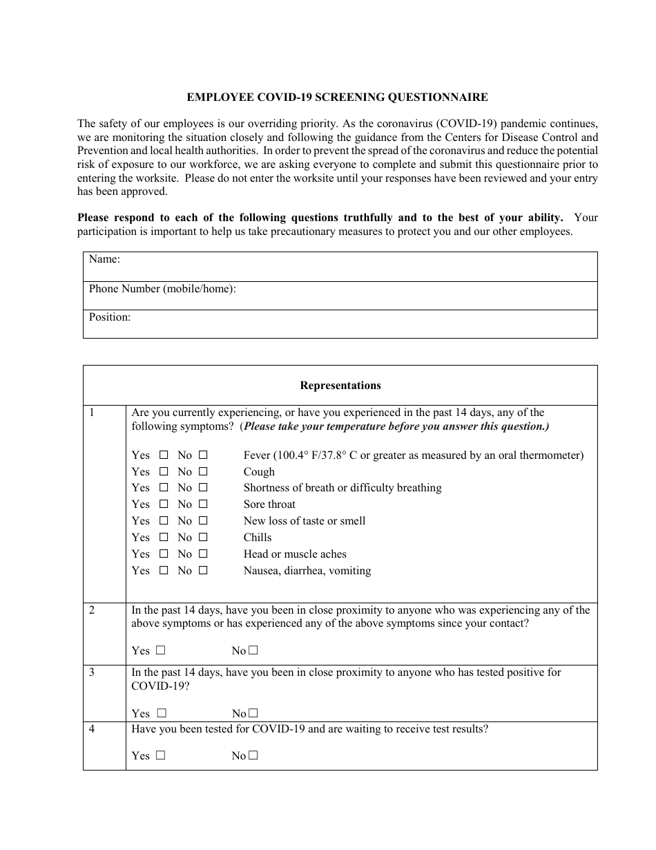 Employee Covid-19 Screening Questionnaire, Page 1