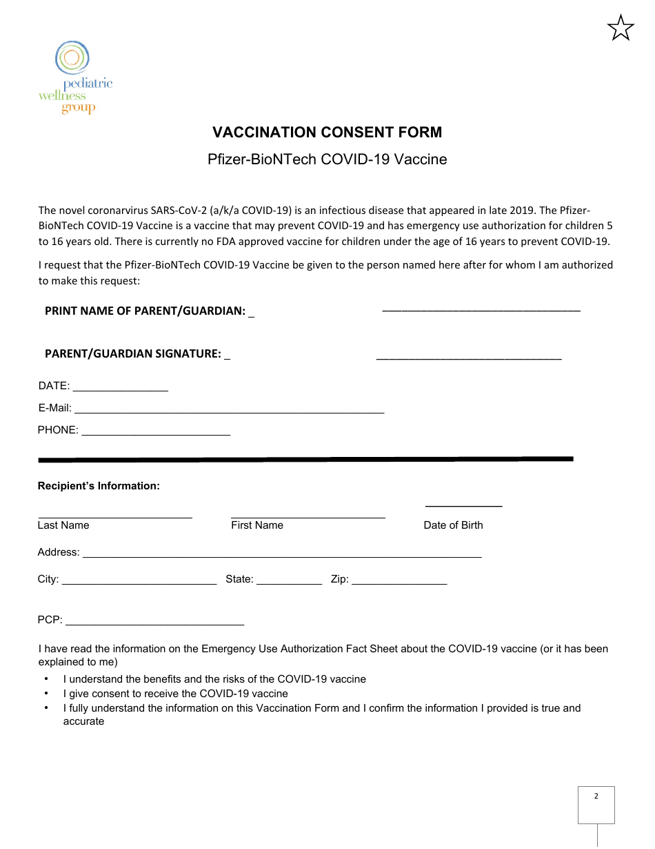 Pfizer-Biontech Covid-19 Vaccination Consent Form, Page 1