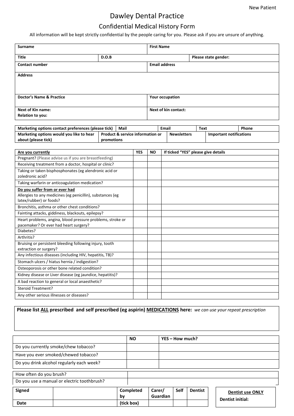 Confidential Medical/Dental History Form - Dawley Dental Practice ...