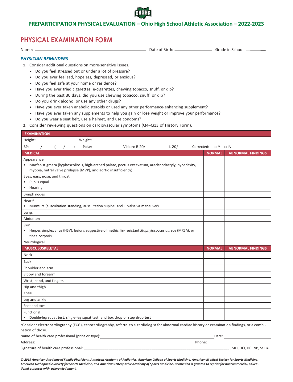 Preparticipation Physical Examination Form - Ohio High School Athletic Association, Page 1