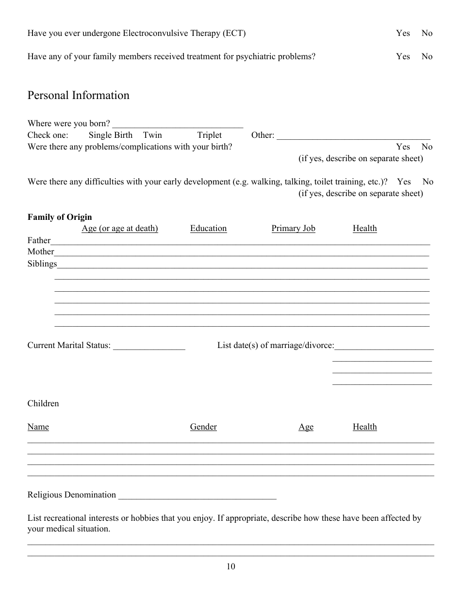 Neuropsychological Evaluation Background Questionnaire - Northeast Neuropsychology, Page 10