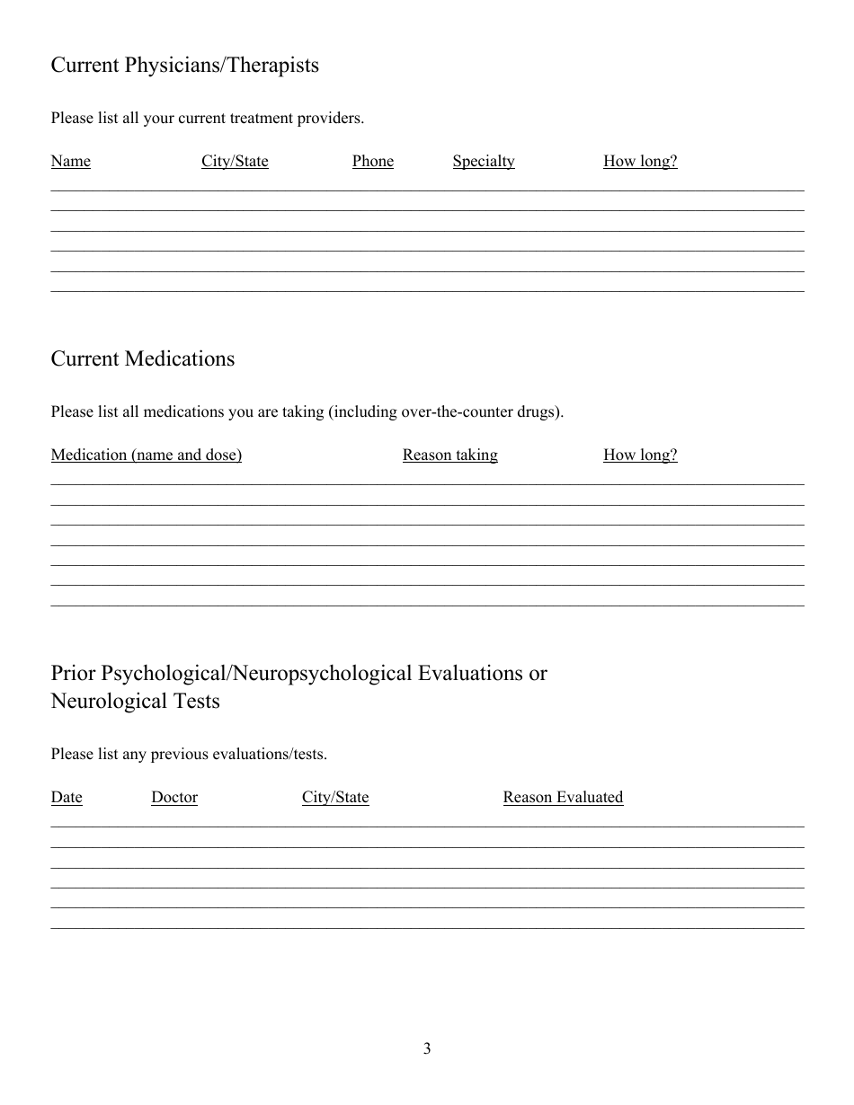 Neuropsychological Evaluation Background Questionnaire - Northeast Neuropsychology, Page 3