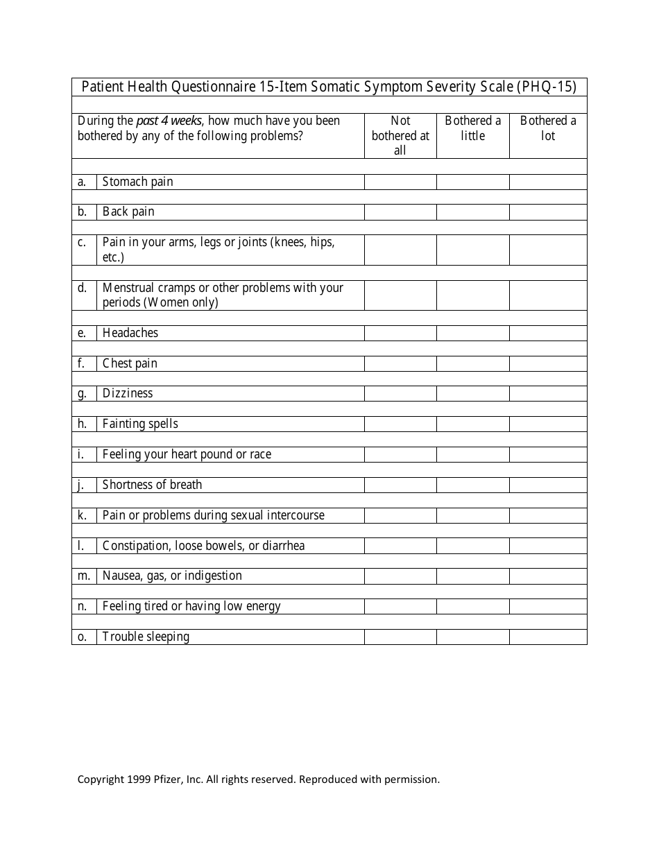 Preview of Patient Health Questionnaire 15-item Somatic Symptom Severity Scale (Phq-15) document on Templateroller