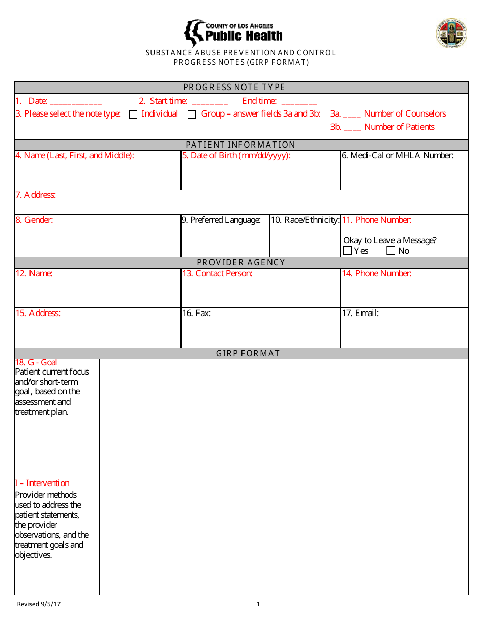 Substance Abuse Prevention and Control Progress Notes (Girp Format) - County of Los Angeles, California, Page 1