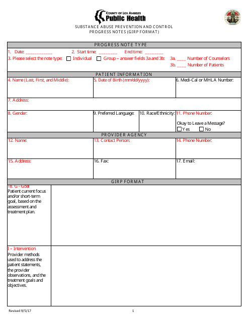 Substance Abuse Prevention and Control Progress Notes (Girp Format) - County of Los Angeles, California