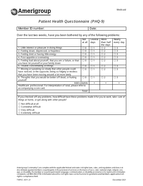 Patient Health Questionnaire (PHQ-9) - Amerigroup - Template
