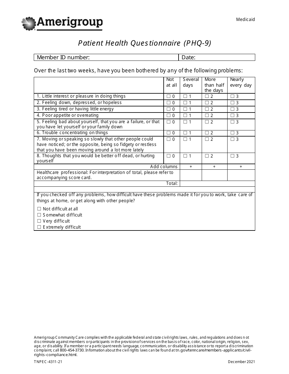 Patient Health Questionnaire Phq 9 Amerigroup Fill Out Sign Online And Download Pdf 5667