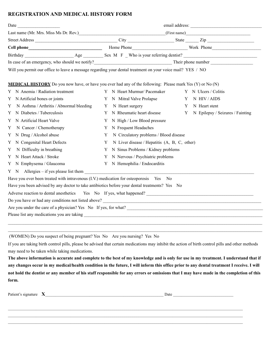 Registration and Medical History Form, Page 1