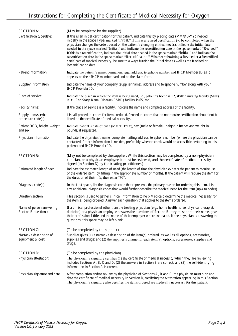 Certificate of Medical Necessity for Oxygen - Indiana, Page 2