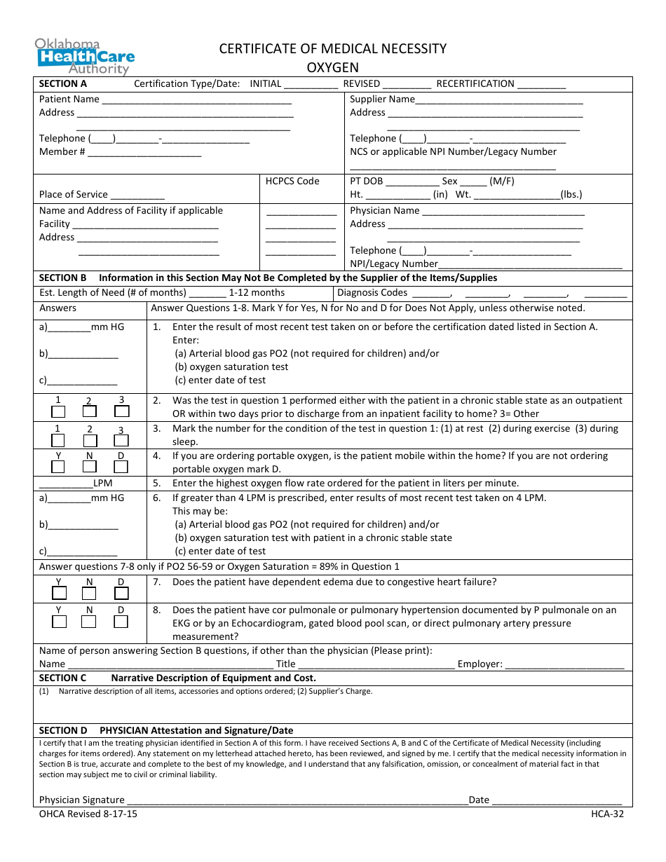 Form HCA-32 Certificate of Medical Necessity - Oxygen - Oklahoma, Page 1