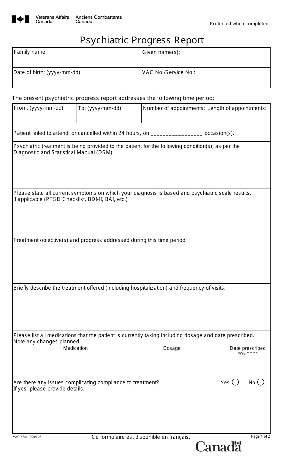 Form VAC774E Psychiatric Progress Report - Canada, Page 1