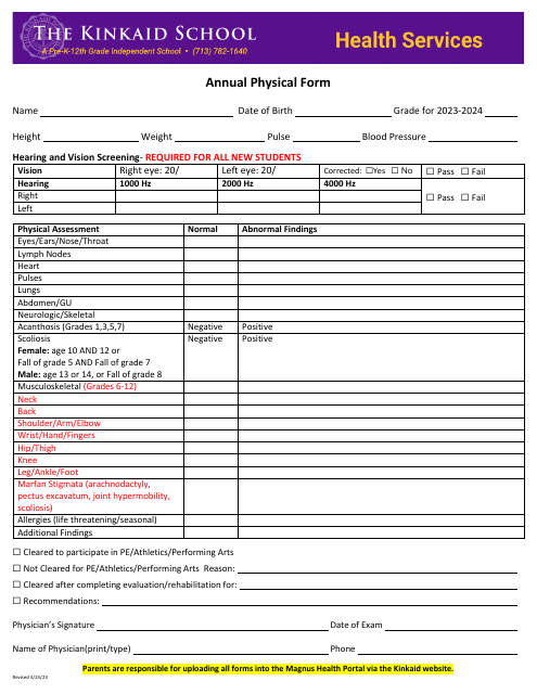 Annual Physical Form - the Kinkaid School Download Pdf