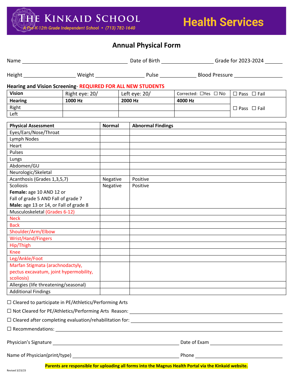 Annual Physical Form - the Kinkaid School - Fill Out, Sign Online and ...