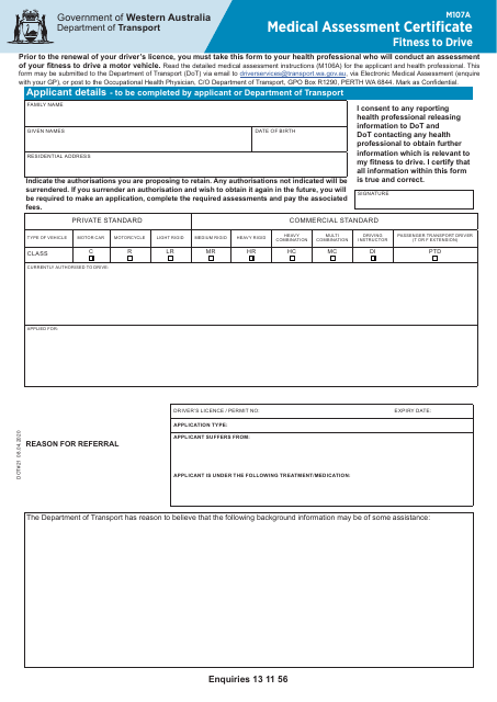 Form M107A Medical Assessment Certificate: Fitness to Drive - Western Australia, Australia