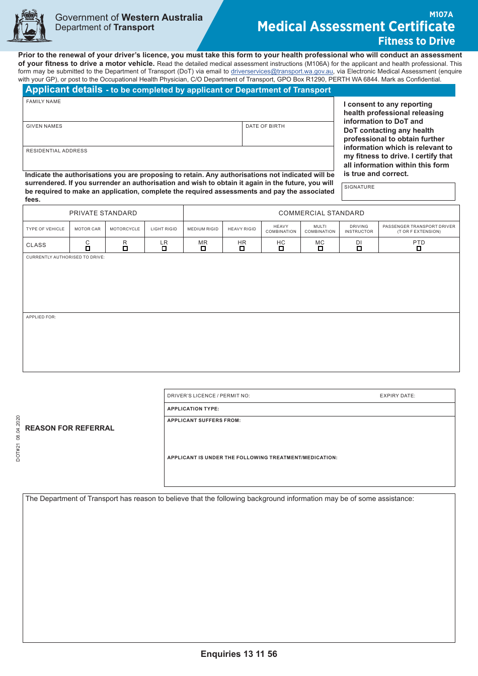 Form M107A Medical Assessment Certificate: Fitness to Drive - Western Australia, Australia, Page 1