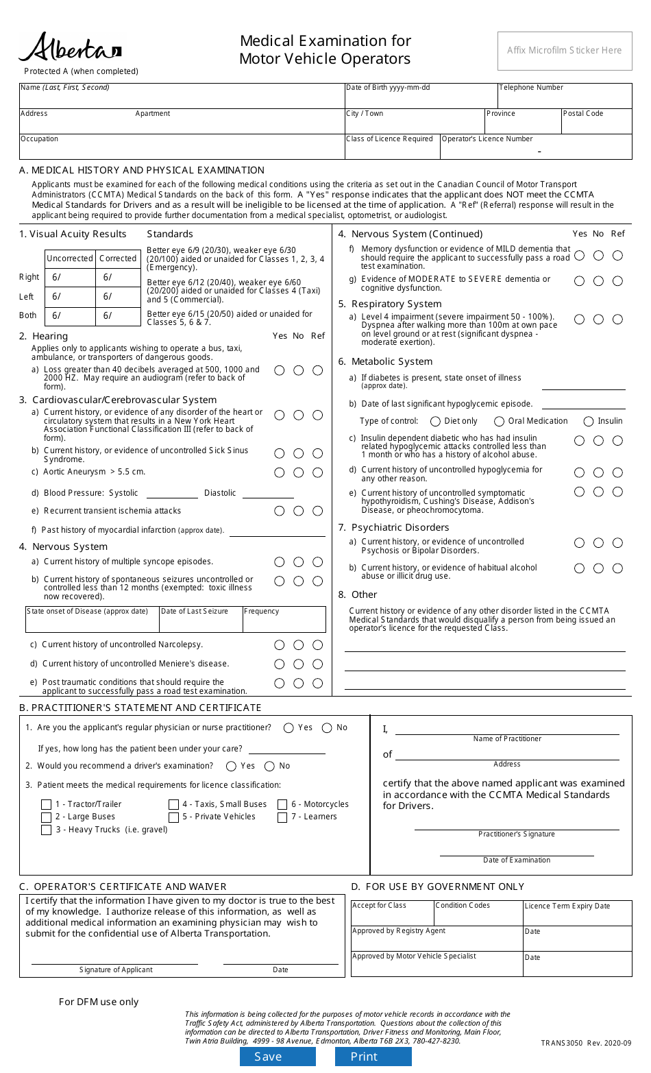 Form TRANS3050 Medical Examination for Motor Vehicle Operators - Alberta, Canada, Page 1