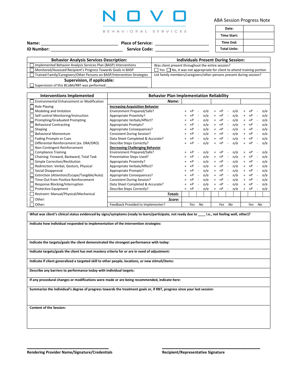 Aba Session Progress Note Novo Behavioral Services Download Fillable