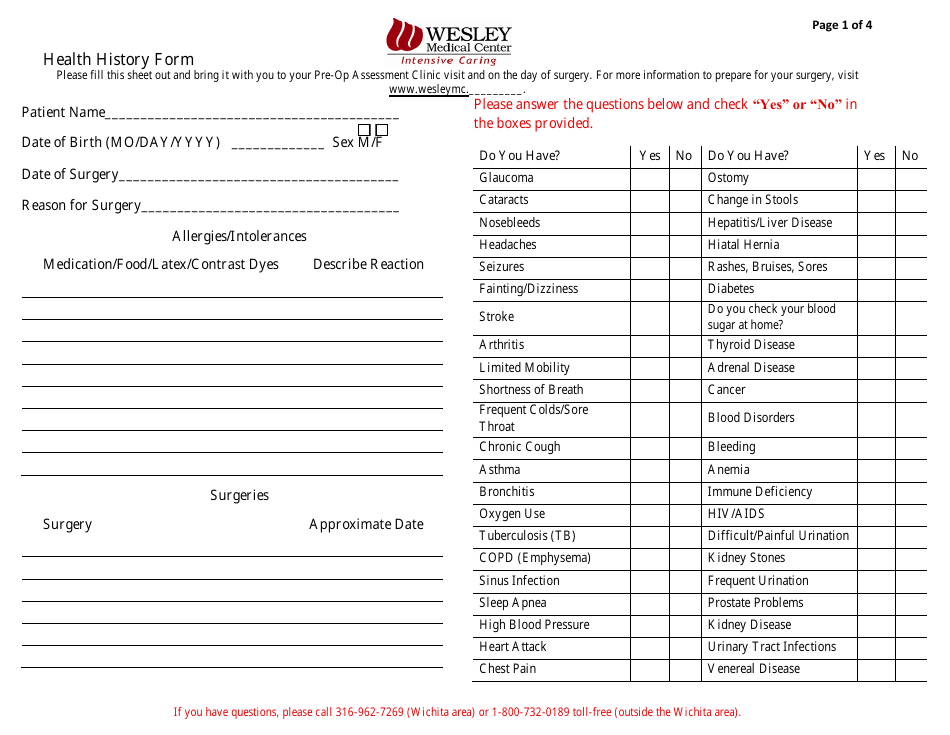 Health History Form - Wesley Medical Center, Page 1