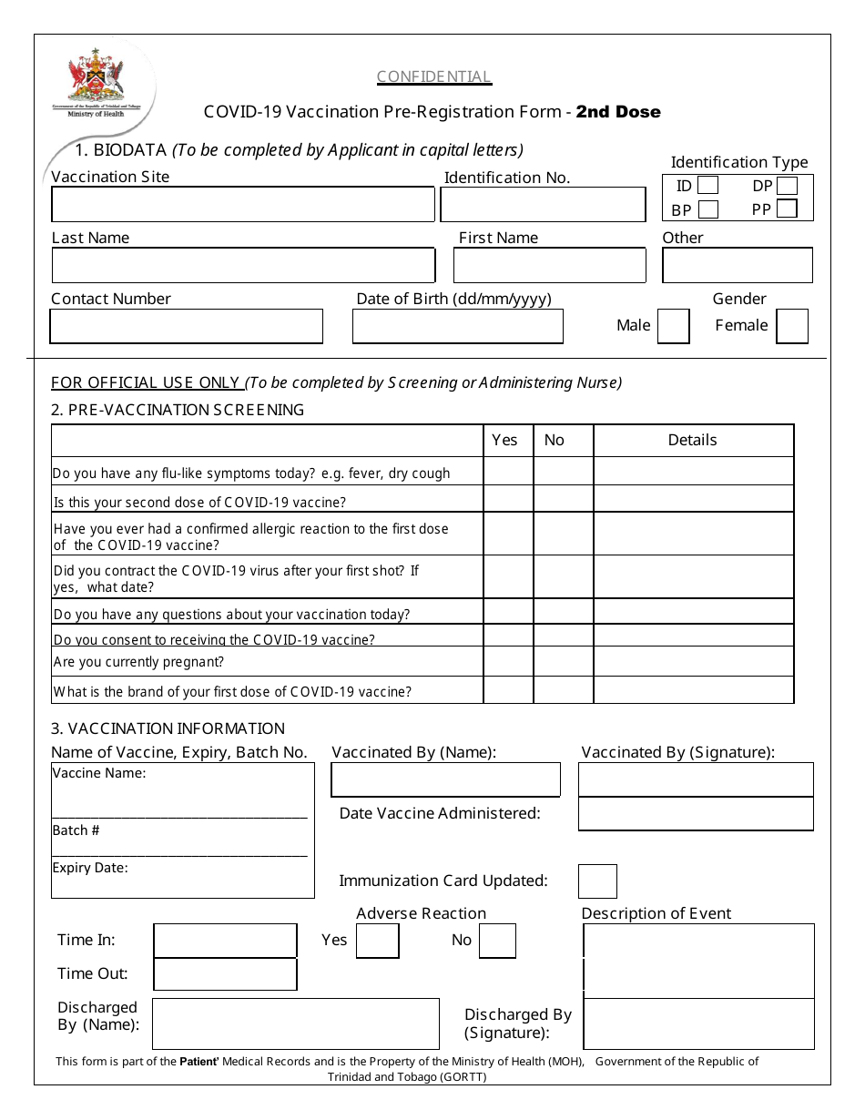 Covid-19 Vaccination Pre-registration Form - 2nd Dose - Trinidad and Tobago, Page 1