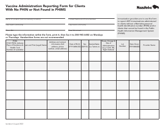 Document preview: Vaccine Administration Reporting Form for Clients With No Phin or Not Found in Phims - Manitoba, Canada