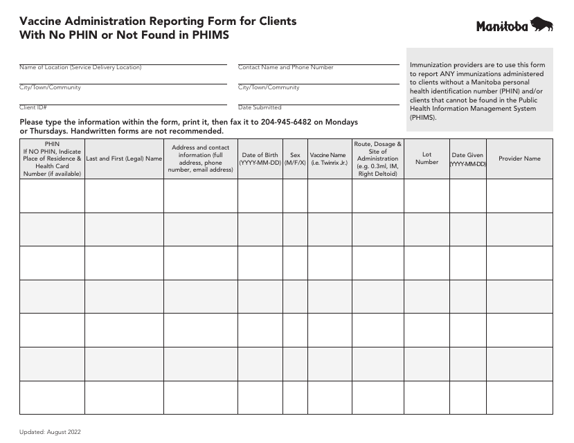 Vaccine Administration Reporting Form for Clients With No Phin or Not Found in Phims - Manitoba, Canada