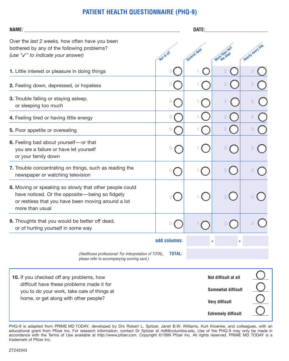 Patient Health Questionnaire (PHQ-9) Preview