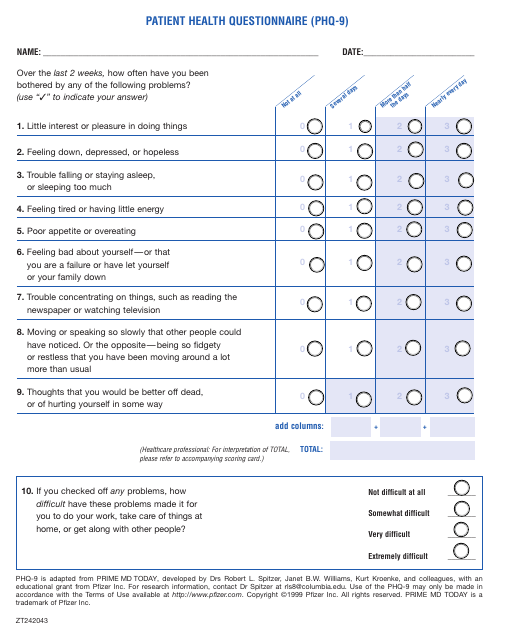 Patient Health Questionnaire (Phq-9) - Pfizer
