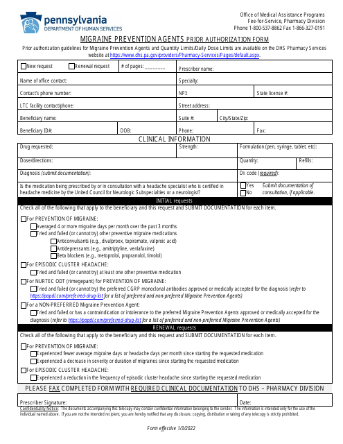 Migraine Prevention Agents Prior Authorization Form - Pennsylvania Download Pdf