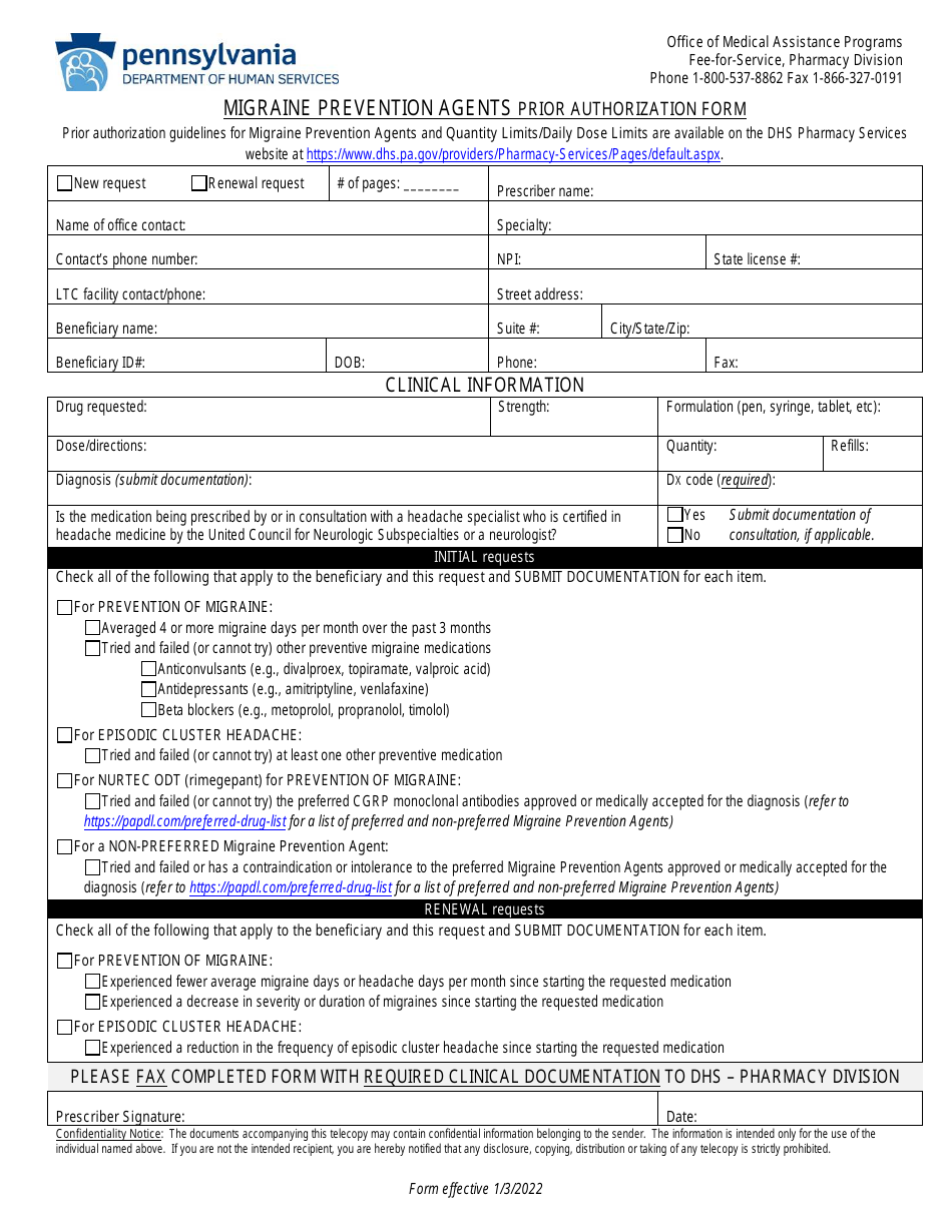 Migraine Prevention Agents Prior Authorization Form - Pennsylvania, Page 1