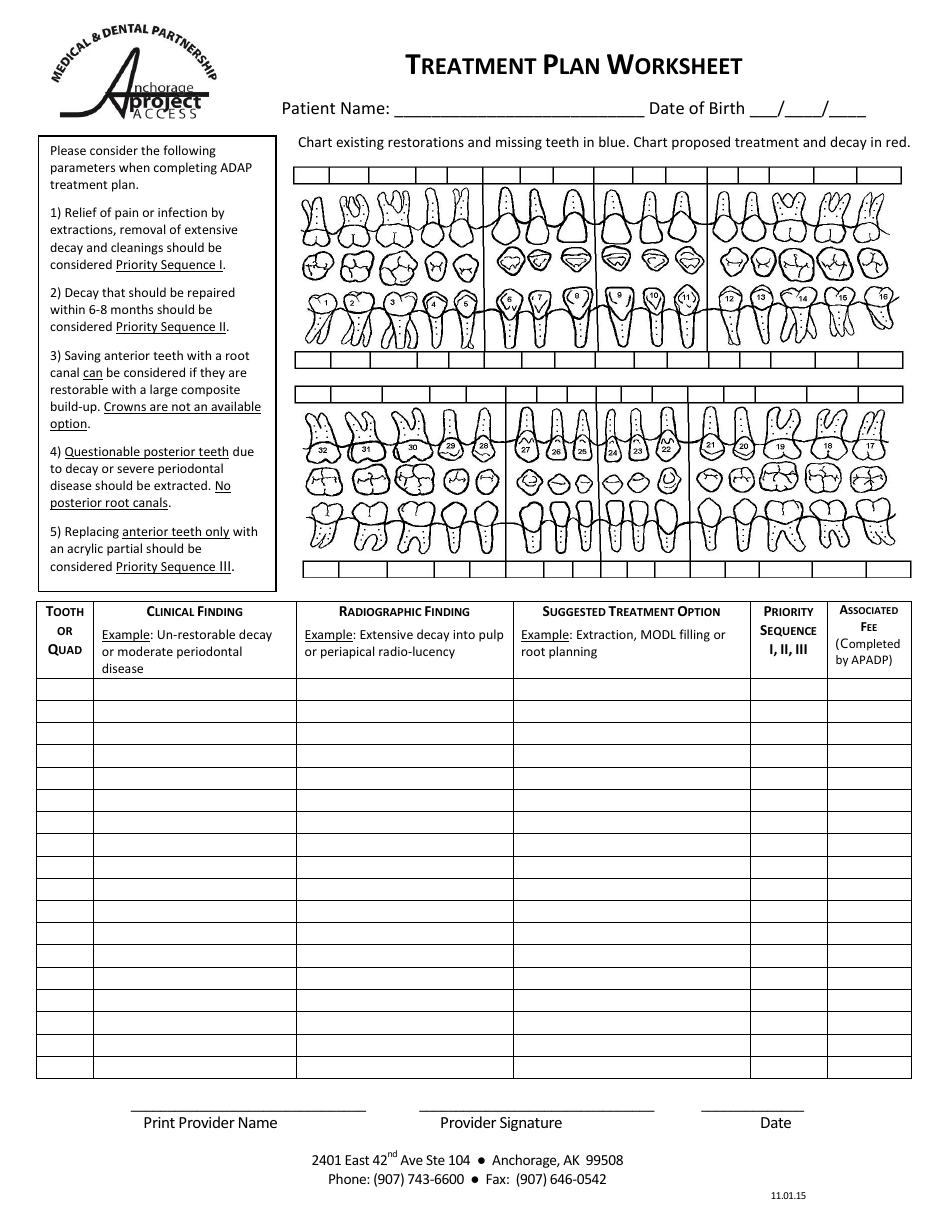 Dental Treatment Plan Worksheet Anchorage Project Access Download Printable Pdf Templateroller 9688