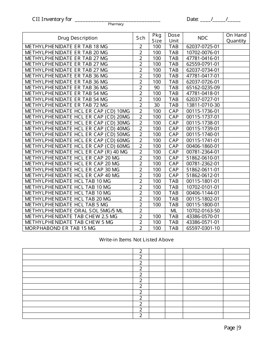 Controlled Substances Inventory Log - North Carolina, Page 10