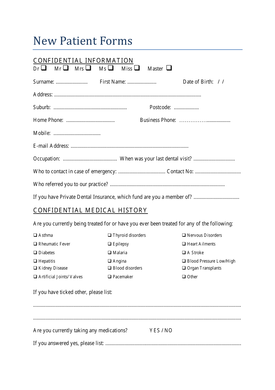 New Patient Confidential Information And Medical History Forms Download Printable Pdf 5789