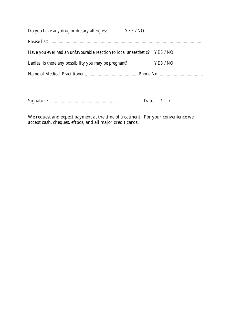 New Patient Confidential Information and Medical History Forms, Page 2