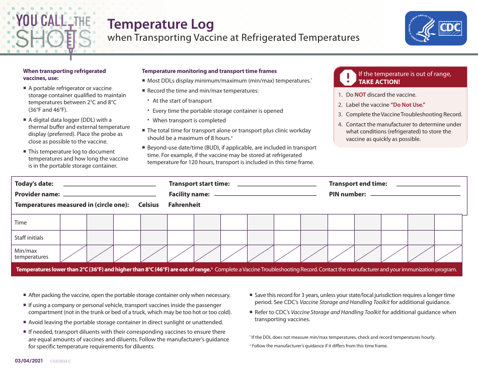 Form CS322033-C Temperature Log When Transporting Vaccine at Refrigerated Temperatures, Page 1