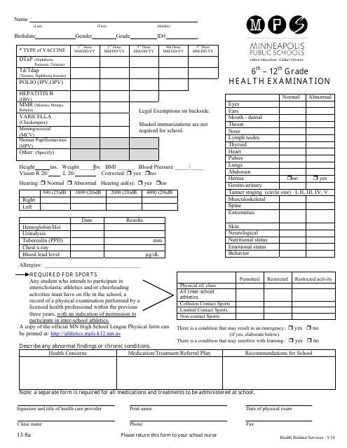 6th-12th Grade Health Examination Form - City of Minneapolis, Minnesota