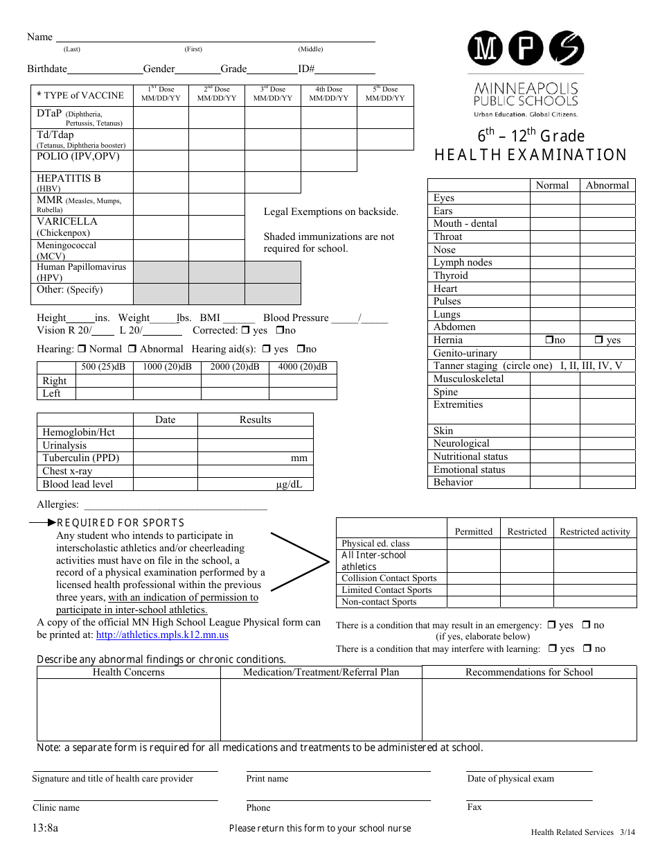 6th-12th Grade Health Examination Form - City of Minneapolis, Minnesota, Page 1