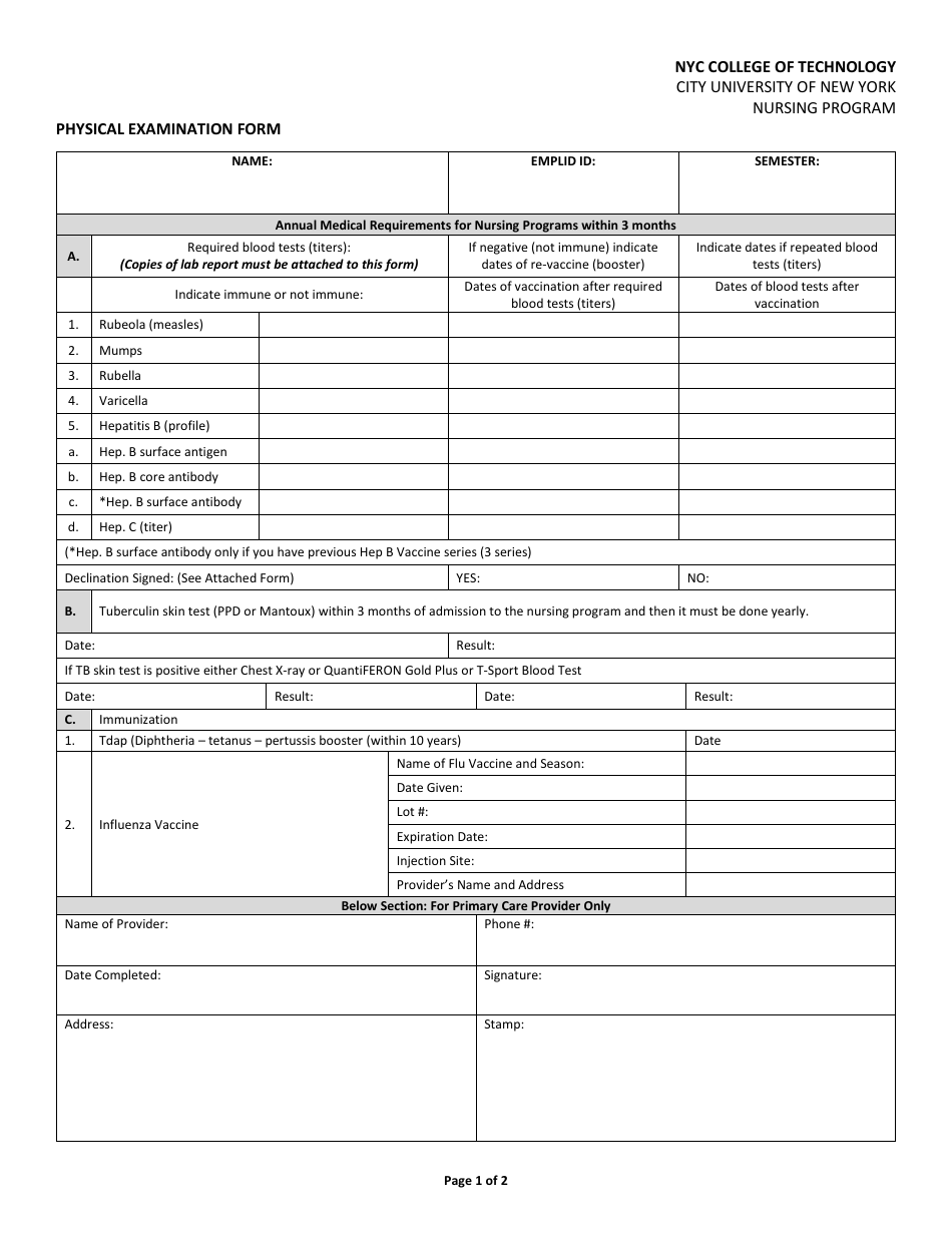 Student Physical Examination Form - Nyc College of Technology, Page 1