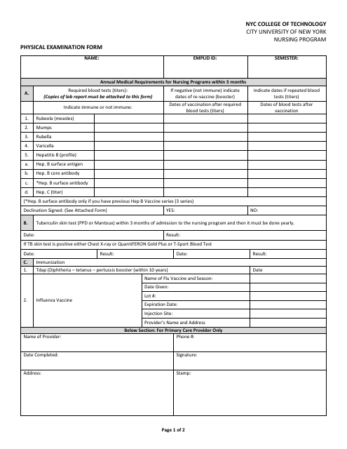 Student Physical Examination Form - Nyc College of Technology Download Pdf