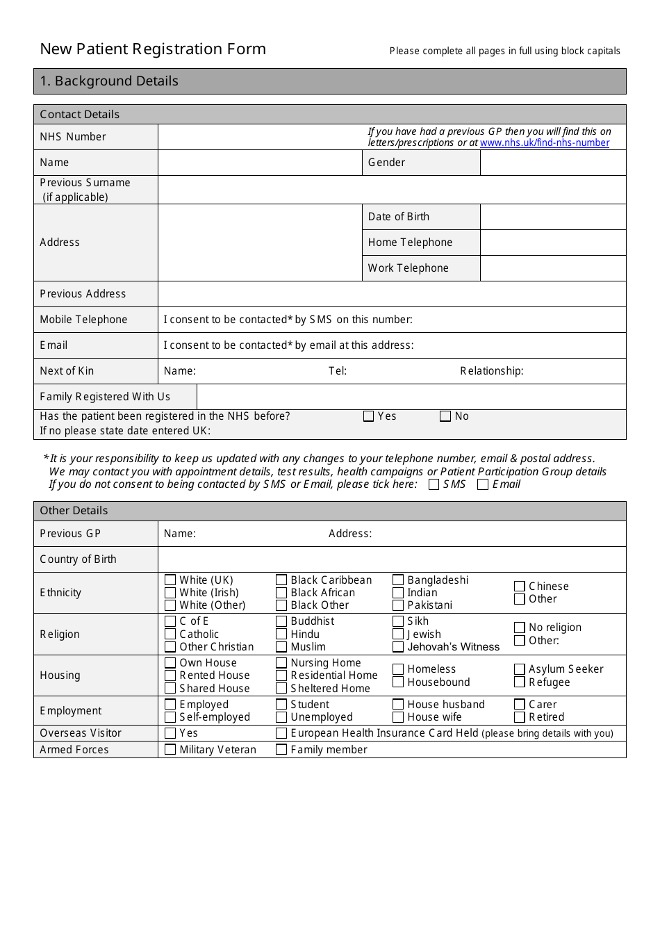 New Patient Registration Form - United Kingdom, Page 1