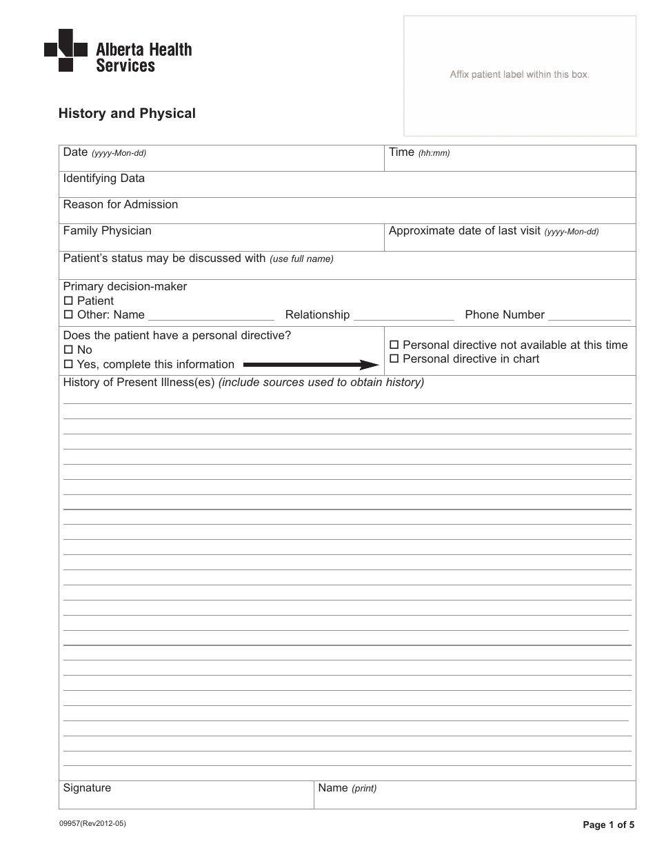 Form 09957 History and Physical Form - Alberta, Canada, Page 1