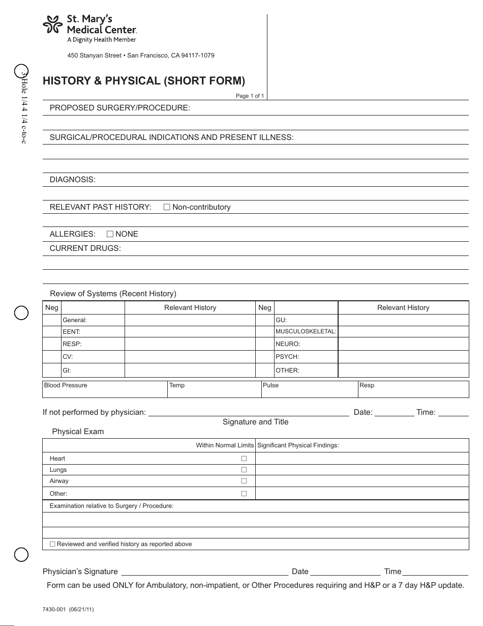 History Physical Short Form St Mary S Medical Center Fill Out Sign Online And Download