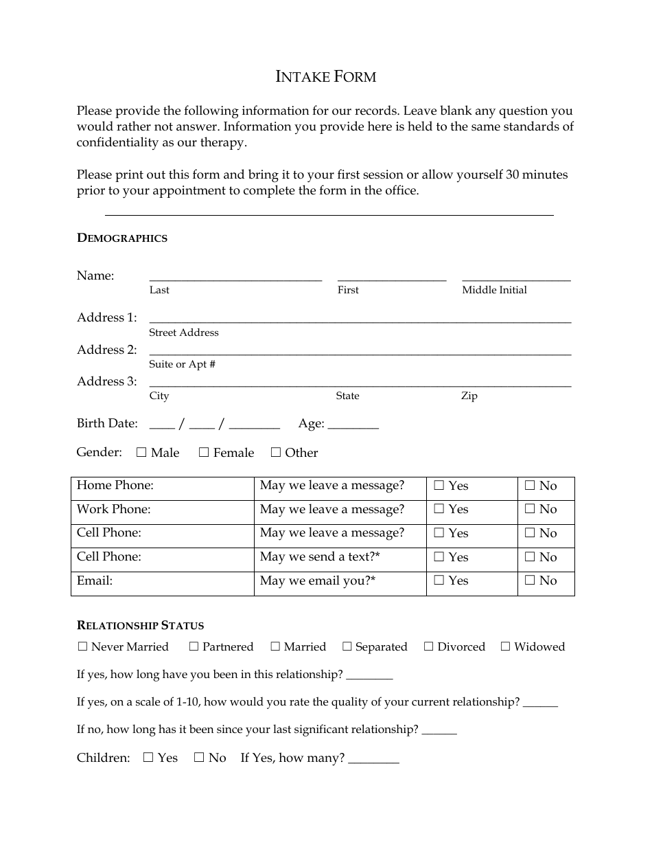 Intake Form - Fill Out, Sign Online and Download PDF | Templateroller