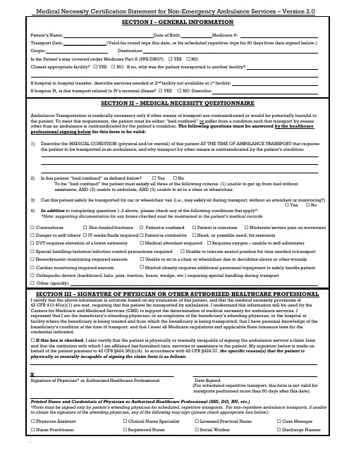 Medical Necessity Certification Statement for Non-emergency Ambulance Services
