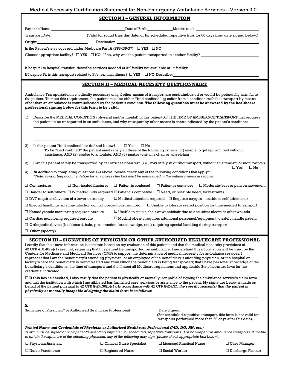 Medical Necessity Certification Statement for Non-emergency Ambulance Services Preview